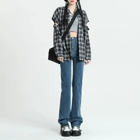 唐狮复古牛仔裤女春秋季新款修身显瘦直筒裤高腰垂感拖地裤子女GT商品大图