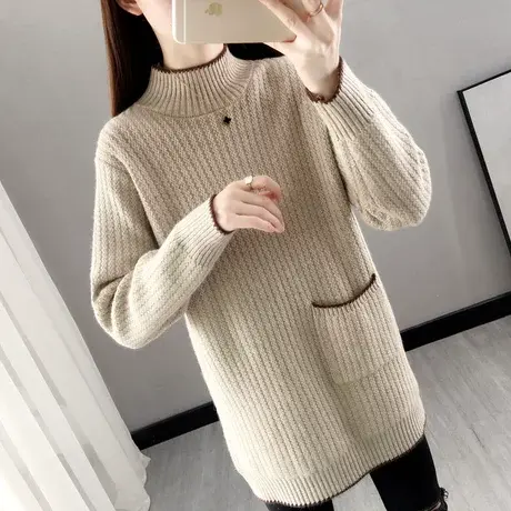 毛衣女2023新款秋冬加厚套头宽松半高领中长款口袋外穿打底衫洋气商品大图