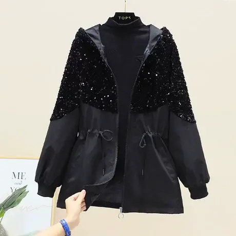 炸街港风bf潮上衣外套女2023新款亮片拼接宽松显瘦连帽风衣春秋装图片