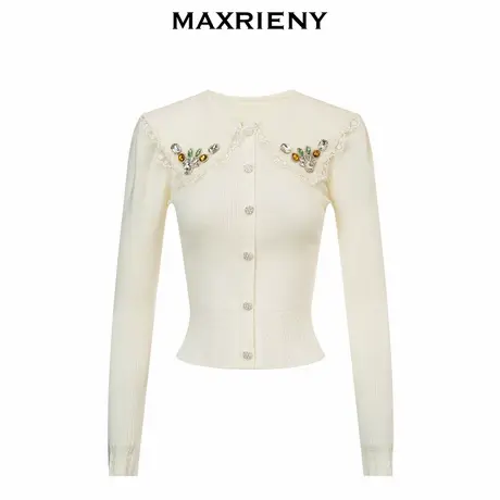 【奥莱】MAXRIENY秋季开衫毛衣女大翻领绣花拼接针织衫薄款商品大图