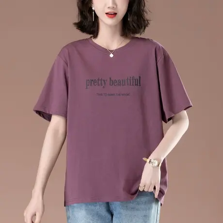 全棉短袖T恤女夏季加肥加大码女装宽松中年妈妈休闲百搭显瘦体恤商品大图