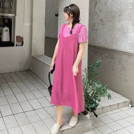 大码女装两件套2023夏季新款短袖上衣显瘦胖MM雪纺连衣裙吊带长裙图片