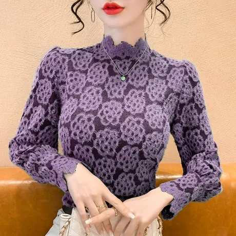 秋冬打底衫女2023新款蕾丝网纱打底衫女洋气长袖内搭气质小衫图片