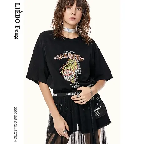 裂帛LIEBOFeng设计师品牌2023年国潮摇滚猛虎夜光印花宽松短袖T恤商品大图