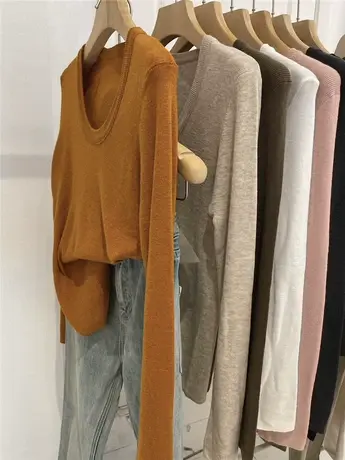 U领羊毛针织衫女2023秋款基础款纯色高弹力长袖打底衫百搭上衣服商品大图