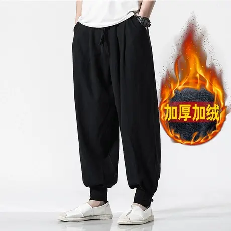 加绒加厚冬季男休闲裤复古加肥加大码宽松哈伦裤棉麻长裤保暖裤子商品大图