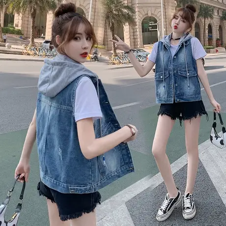 牛仔马甲女宽松春秋韩版中长新款显瘦无袖背心坎肩可拆卸带连帽56商品大图