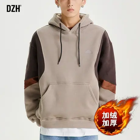 男士灰色连帽卫衣男冬季加绒加厚拼接运动外套2023潮牌冬装上衣商品大图