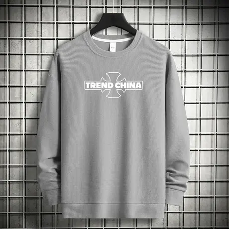 华夫格卫衣男2023新款中国潮流潮牌春秋款无帽上衣服圆领长袖t恤商品大图