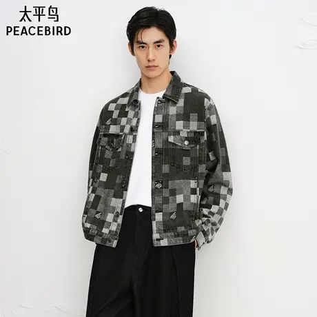 【商场同款】太平鸟男装 休闲夹克棋盘格工装牛仔茄克衫B1BJF3402图片