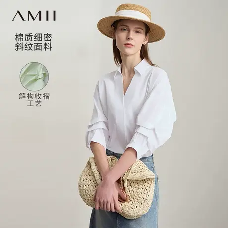 Amii2025夏新款通勤V领翻领收褶七分袖衬衫女宽松衬衣棉质上衣图片