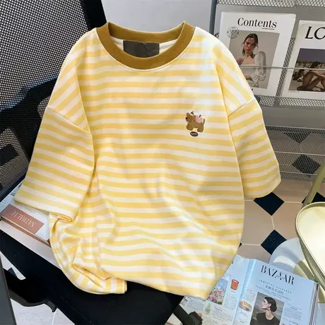 夏日系软妹甜美可爱小狗刺绣条纹短袖撞色T恤学生宽松减龄上衣女商品大图