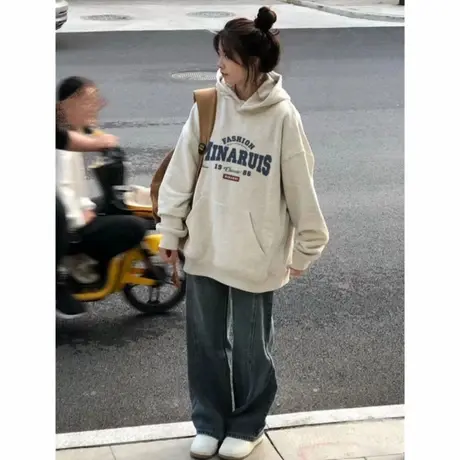 欧货花灰色加绒加厚连帽卫衣女士2025新款爆款秋冬慵懒风长袖上衣商品大图