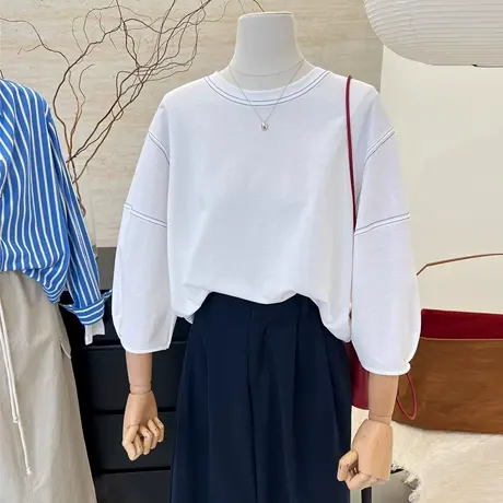 明线设计感小众灯笼袖T恤女春秋季宽松韩版纯棉打底衫七分袖上衣图片