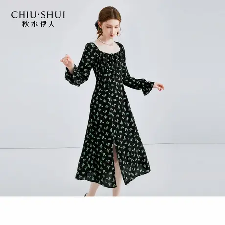 【晶晶姐妹专享】秋水伊人印花大方领A字收腰连衣裙女裙子图片