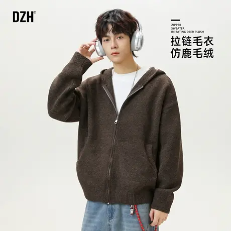 男士百搭纯色拉链开衫毛衣男2025新款秋冬季连帽外套休闲慵懒上衣商品大图