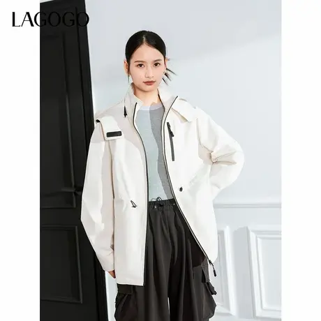 LAGOGO连帽可收腰外套女拉谷谷2024年冬季新款垂顺舒适休闲上衣商品大图