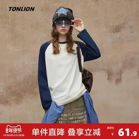 唐狮2026新款春长袖T恤女圆领插肩袖美式复古休闲百搭今年流行图片
