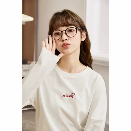 唐狮长袖T恤女秋新款宽松休闲白色上衣女甜美韩系内搭打底衫TE图片