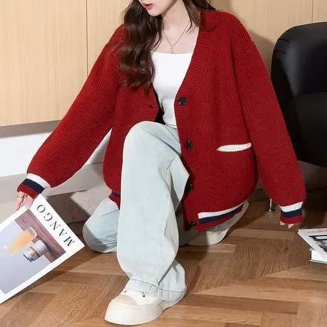 唐狮秋冬季女毛衣学院风显瘦开衫外套红色系显白宽松百搭tu商品大图