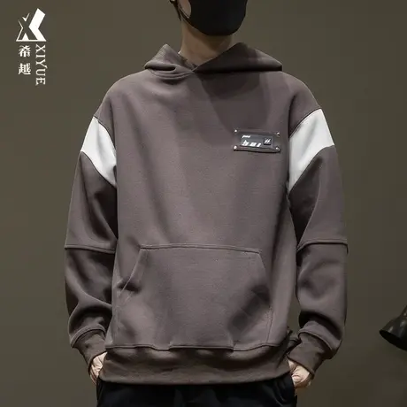 秋季茶褐色男士卫衣时尚拼接撞色长袖打底衫380g重磅套头帽衫上衣图片