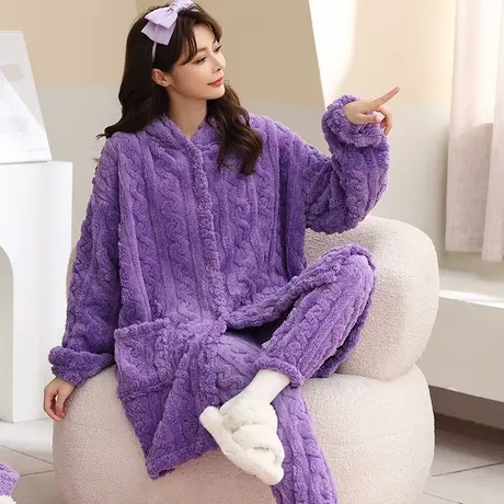 珊瑚绒睡衣女2023新款冬季加绒加厚女士睡袍长款套装法兰绒秋冬款图片