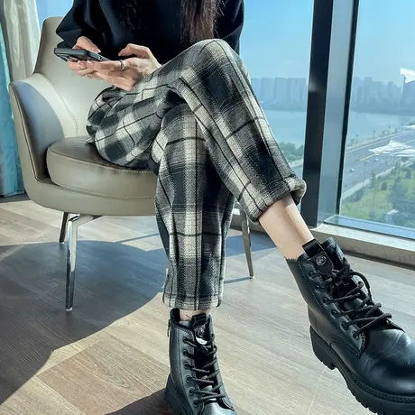 加绒格子裤女2023年秋冬新款高腰直筒宽松显瘦九分加厚休闲萝卜裤图片
