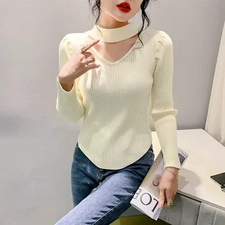 加厚立领针织衫女长袖性感镂空钉珠拼接上衣洋气减龄修身套头毛衣商品大图