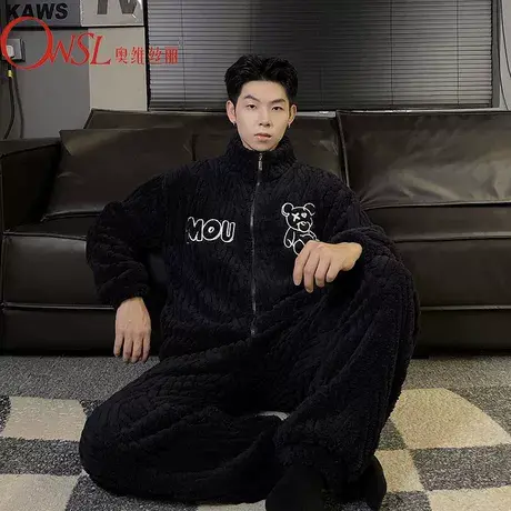 睡衣男士秋冬季珊瑚绒加绒加厚保暖法兰绒家居服男款套装商品大图
