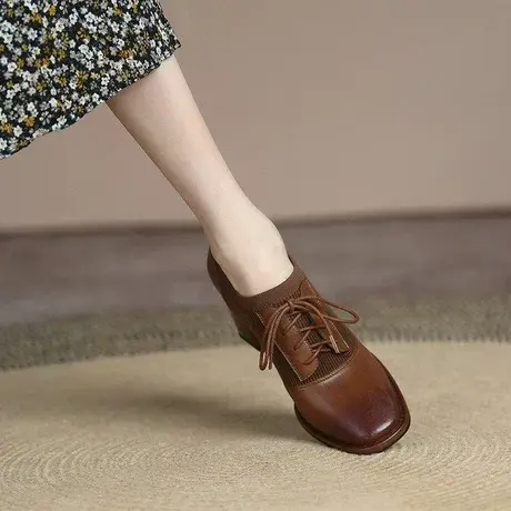 2023年新款棕色深口单鞋女粗跟方头高跟鞋女春秋系带英伦风小皮鞋图片