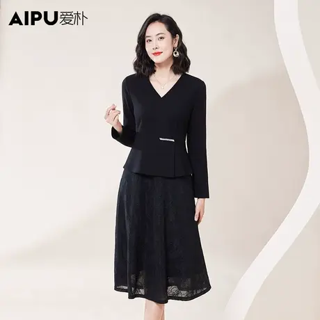 爱朴大码女装2023秋冬季新款胖妹妹时尚显瘦遮肚子蕾丝休闲连衣裙商品大图