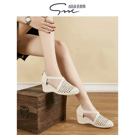圣恩熙 坡跟凉鞋女2023新款春夏镂空软底妈妈鞋透气舒适真皮女鞋商品大图