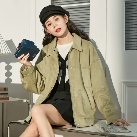 唐狮麂皮绒外套女秋冬新款气质翻领长袖上衣时尚简约宽松夹克图片