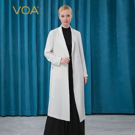 VOA30姆米重磅真丝牛奶白翻领蓝线镶边一粒扣OL长袖桑蚕丝外套商品大图
