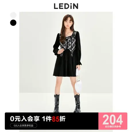 乐町拼接收腰连衣裙休闲秋冬长袖新款温柔甜酷灯芯绒奶油黑色裙子商品大图