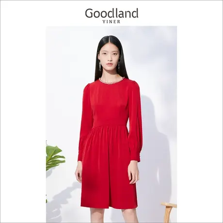 Goodland美地女装冬季长袖钉钻收腰礼服气质连衣裙图片