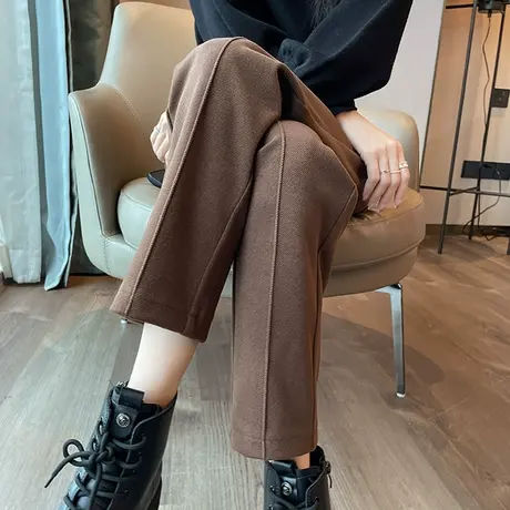 毛呢西装裤女秋冬季新款高腰直筒宽松显瘦咖色休闲裤子哈伦烟管裤图片