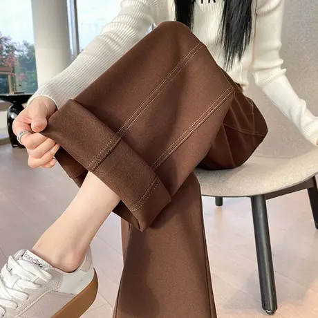 毛呢深咖色阔腿裤女冬季加厚显瘦宽松直筒美拉德穿搭休闲拖地裤子商品大图