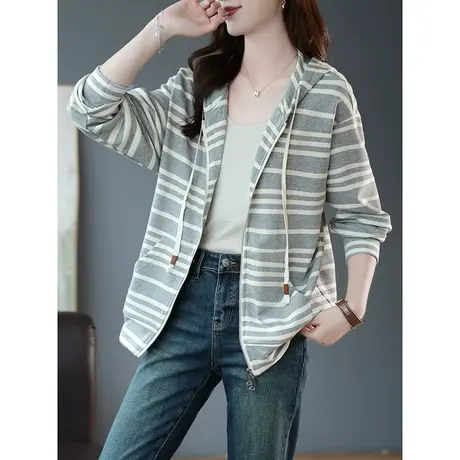 宝诗黎连帽条纹棉质拉链开衫上衣女装2023春秋季新款时尚宽松外套商品大图