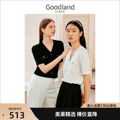 【名媛小香风】音儿美地女装2023夏新款真丝小香风V领格纹针织衫商品大图