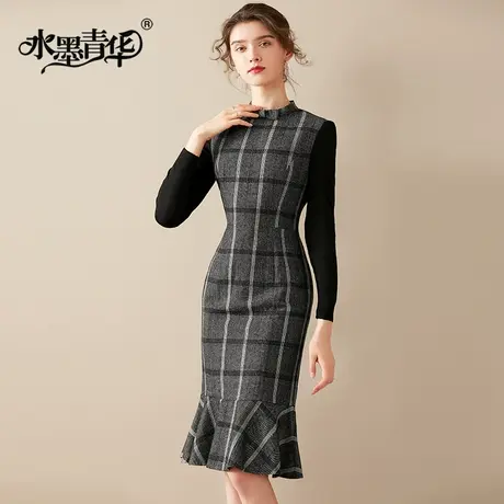 水墨青华冬装新品修身显瘦荷叶边裙时尚百搭长袖格子连衣裙商品大图