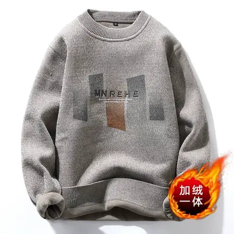圆领加绒毛衣男一体绒秋冬季潮流加厚打底衫男士保暖衣针织衫线衣商品大图