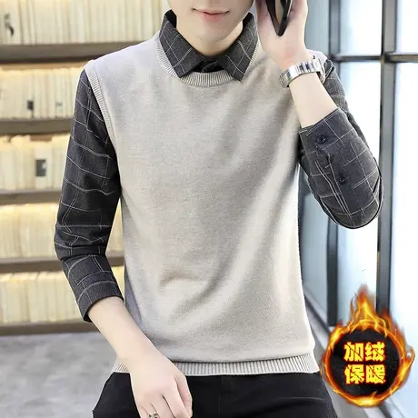 男士毛衣假两件秋冬季英伦格子针织上衣服潮流加绒加厚衬衫领线衣商品大图