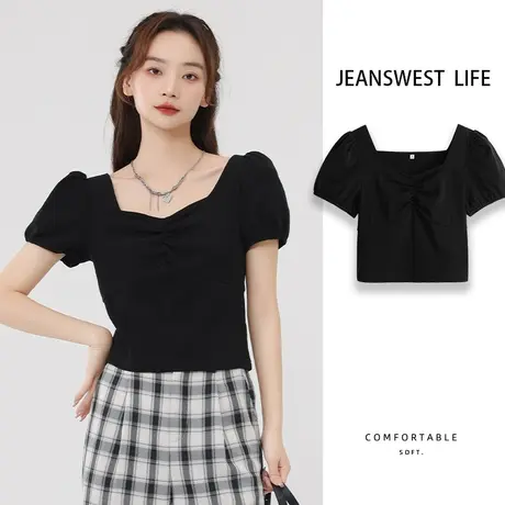 真维斯LIFE方领短袖t恤女2023新款夏季法式别致独特短款女上衣服商品大图