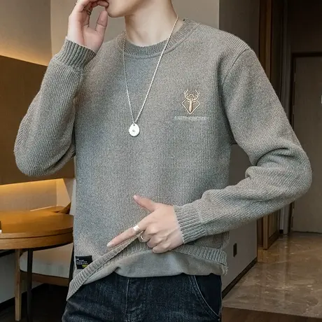 雪尼尔毛衣男秋冬季一体加绒加厚款圆领打底衫男士保暖上衣羊毛衫商品大图