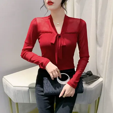 性感网纱V领T恤女长袖设计感蝴蝶结钉珠拼接上衣洋气修身收腰小衫商品大图