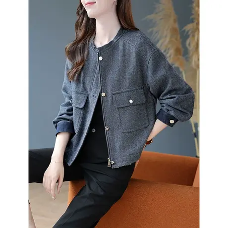 宝诗黎圆领宽松羊毛短款外套女2024春季新款长袖拉链开衫气质上衣商品大图
