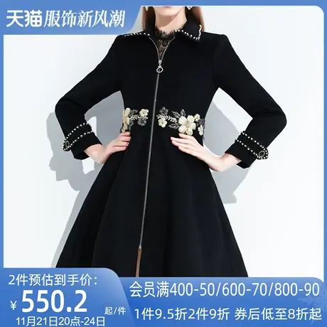 AUI时尚复古黑色赫本风外套女冬2024新款小个子中长款呢子大衣厚商品大图