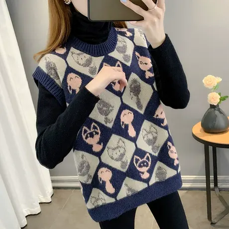 马甲背心针织女装V领马夹外搭提花学院风宽松外穿女图片