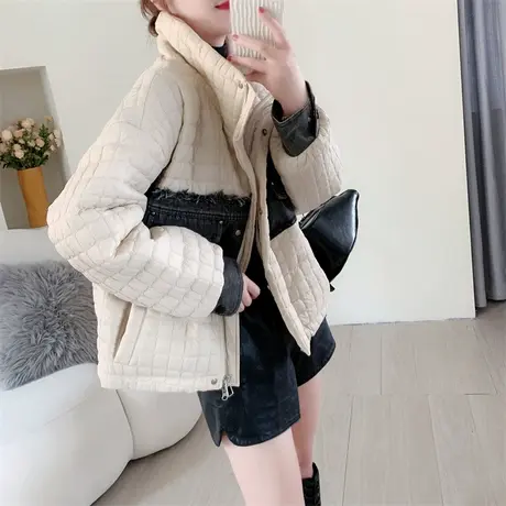 短款小个子加厚牛仔拼接夹棉外套女秋冬2023新款百搭休闲棉服上衣商品大图